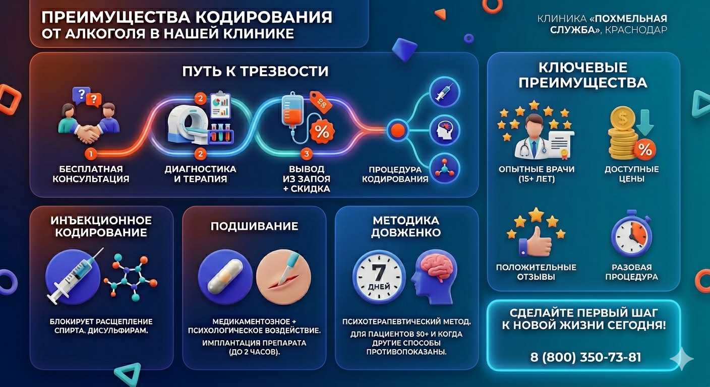 Инфографика о методах кодирования от алкоголя в Болхове: инъекции, подшивание, метод Довженко. Преимущества клиники и этапы лечения.